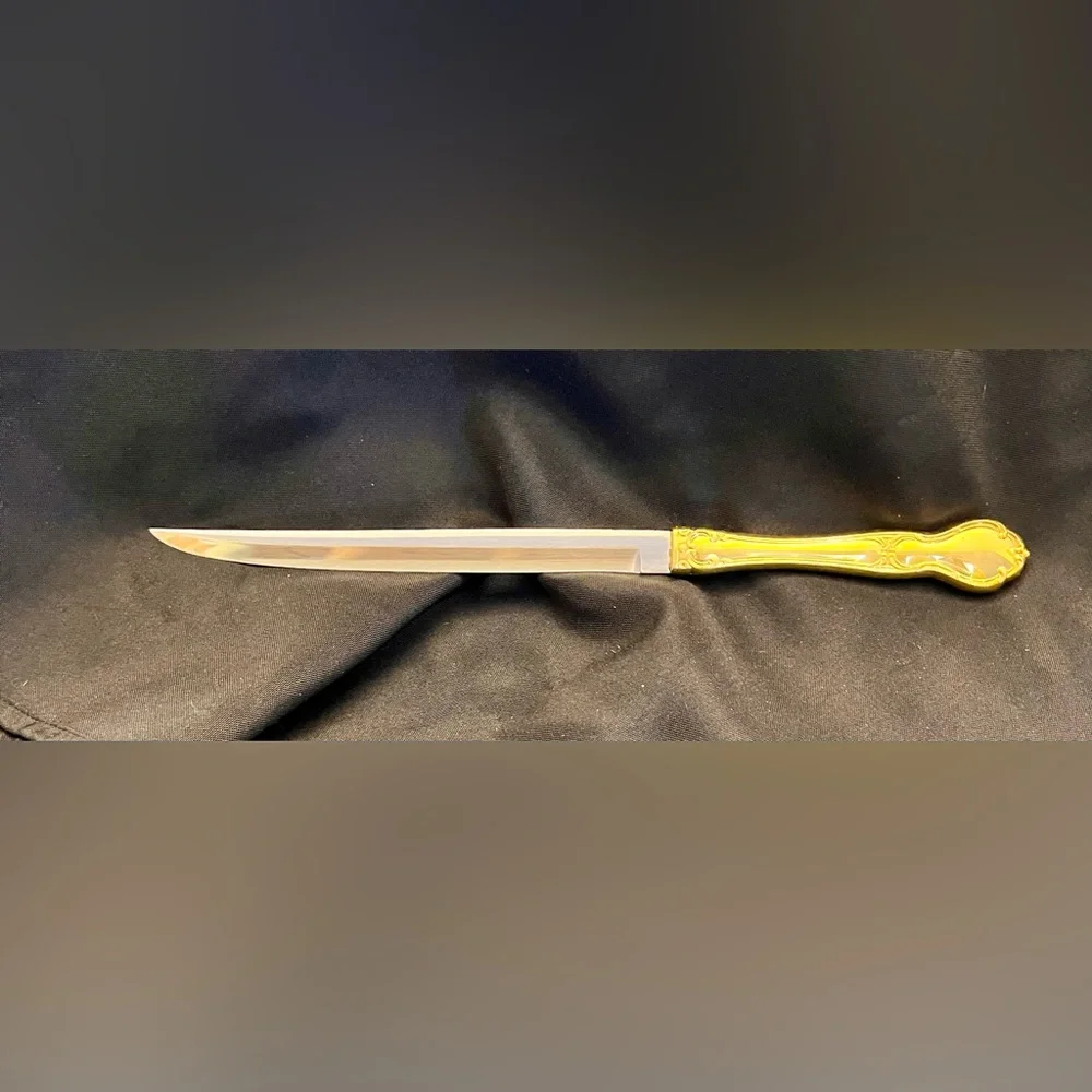 VTG Carvel Hall Gold Carving Set 3pc Mid Century Modern MCM Knife Fork Host Retr